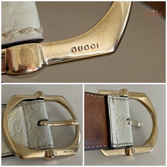 Authentic Gucci Cream GG Embossed Signature Leather Gold Pin Buckle Belt 90/36 - Picture 2 of 13